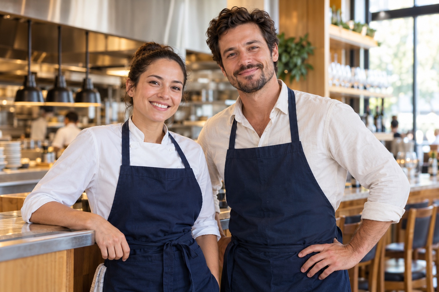 Two smiling hospitality professionals in a welcoming restaurant